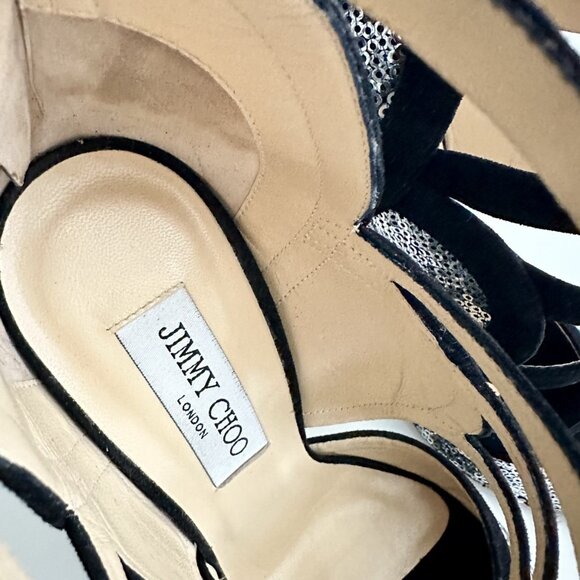 NEW JIMMY CHOO Tempest Black Suede Silver Sequin Cutout Heels Sandals Size 38 - Picture 7 of 11